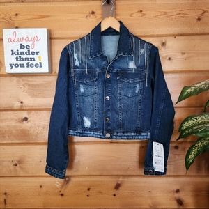 Pitbull Jeans 💜 NWT Denim Jacket Distressed Rhinestone Fringe Western Cowgirl M